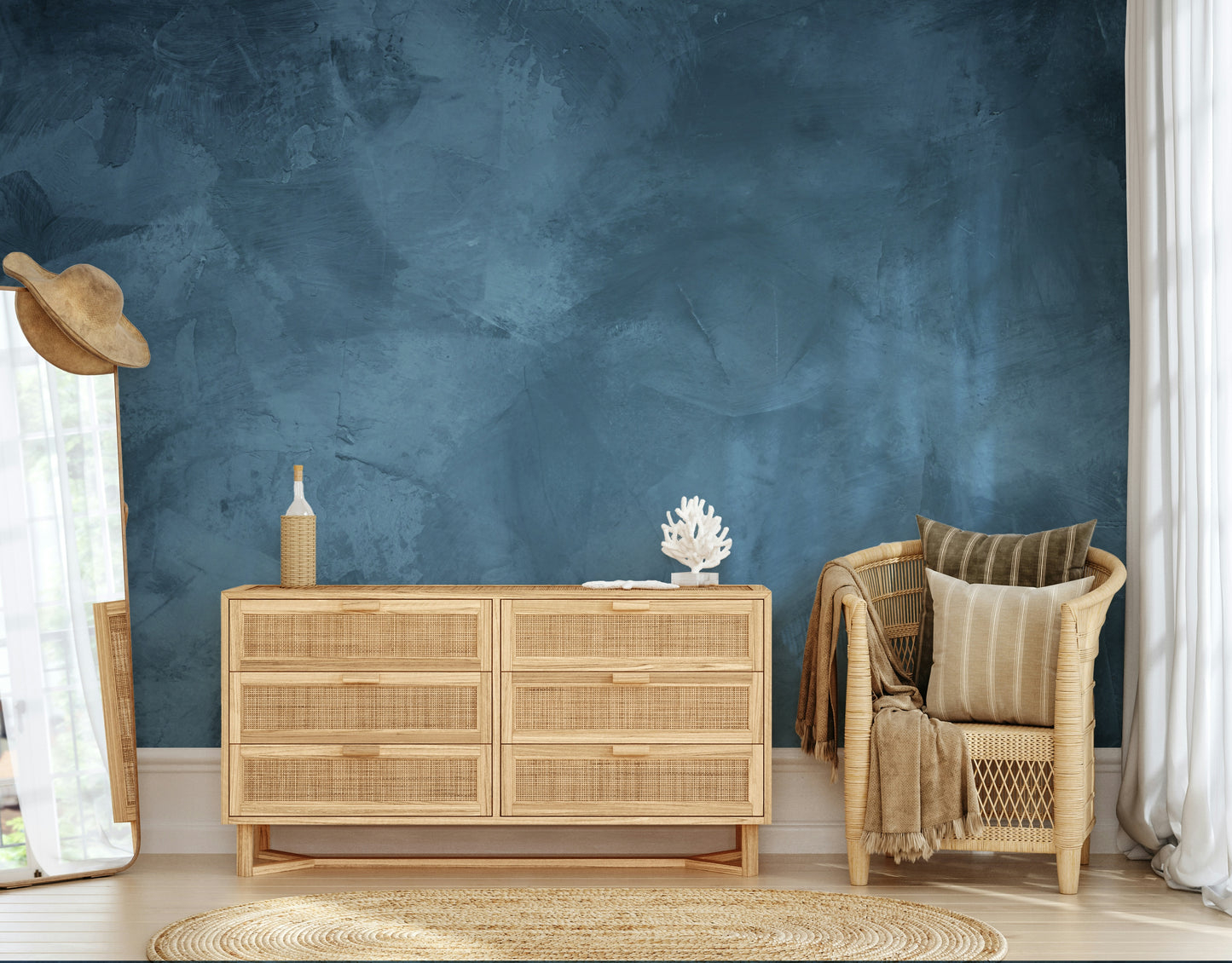 The mural is installed in a modern bedroom behind a simple, white bed.

