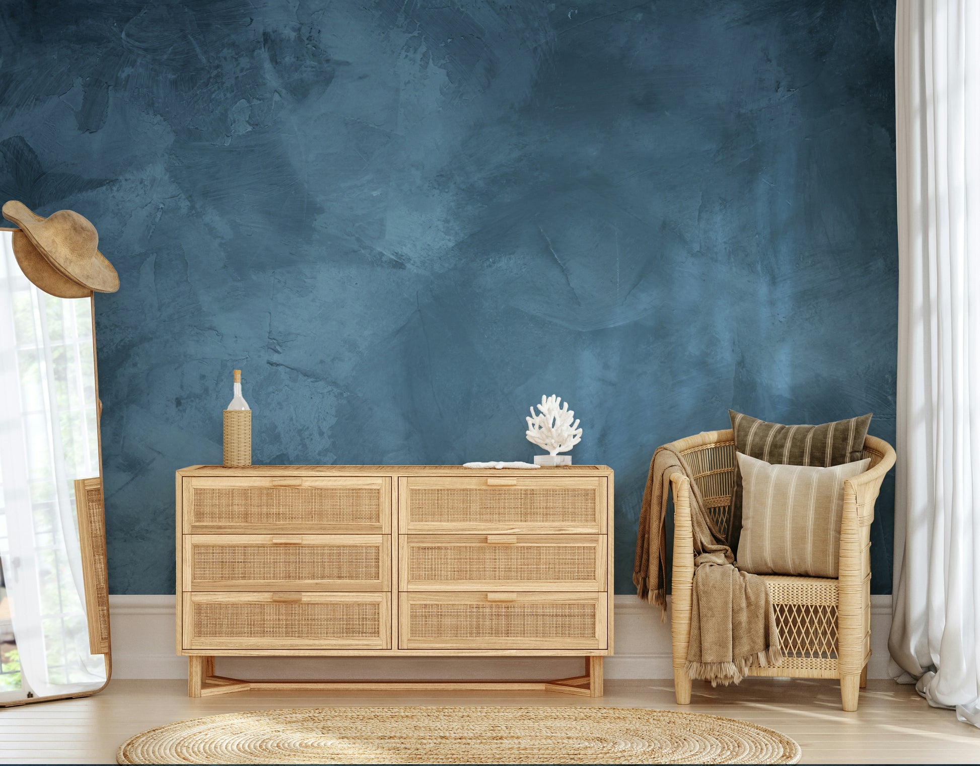 The mural is installed in a modern bedroom behind a simple, white bed.

