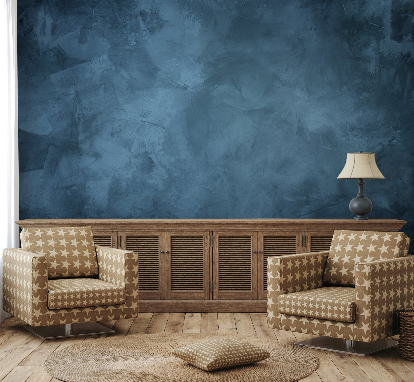 The texture gives the mural a sense of depth and movement, like water or a nebula.

