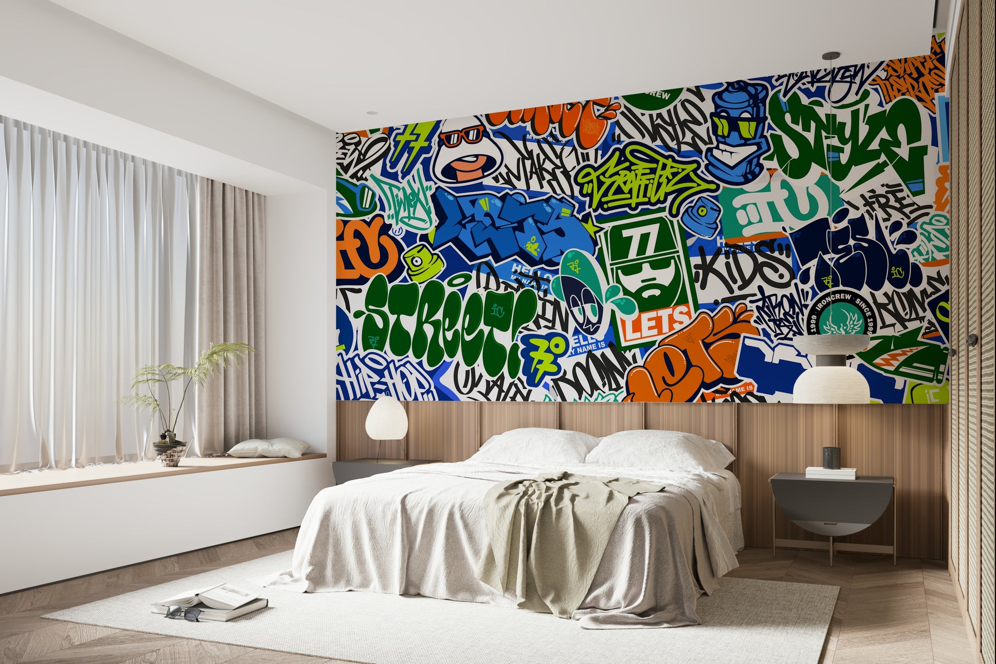 The colors are bright and varied, including electric blue, pink, yellow, and black.

