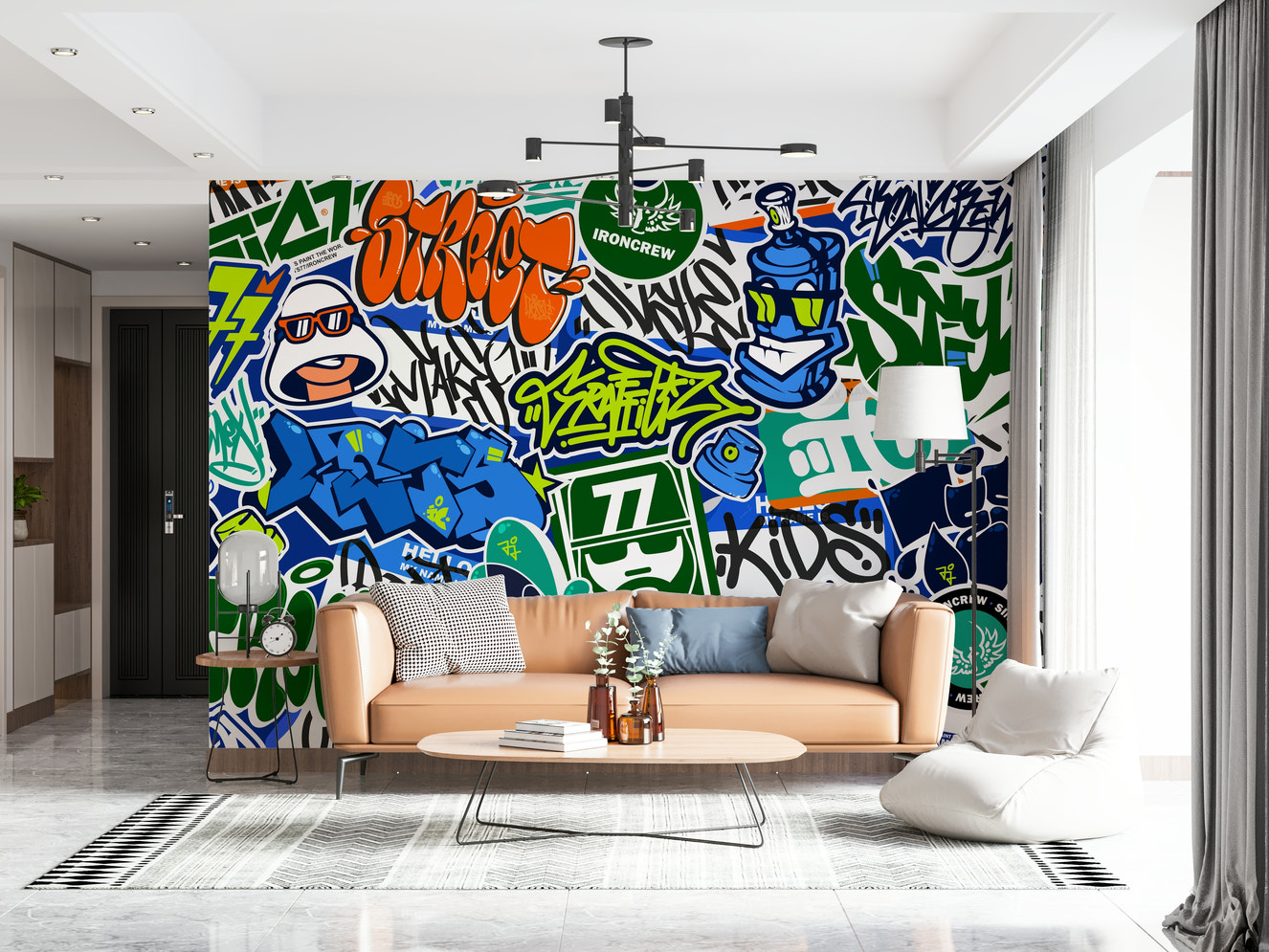 The image shows a full wall covered in different tags, spray paint marks, and graphic stickers.

