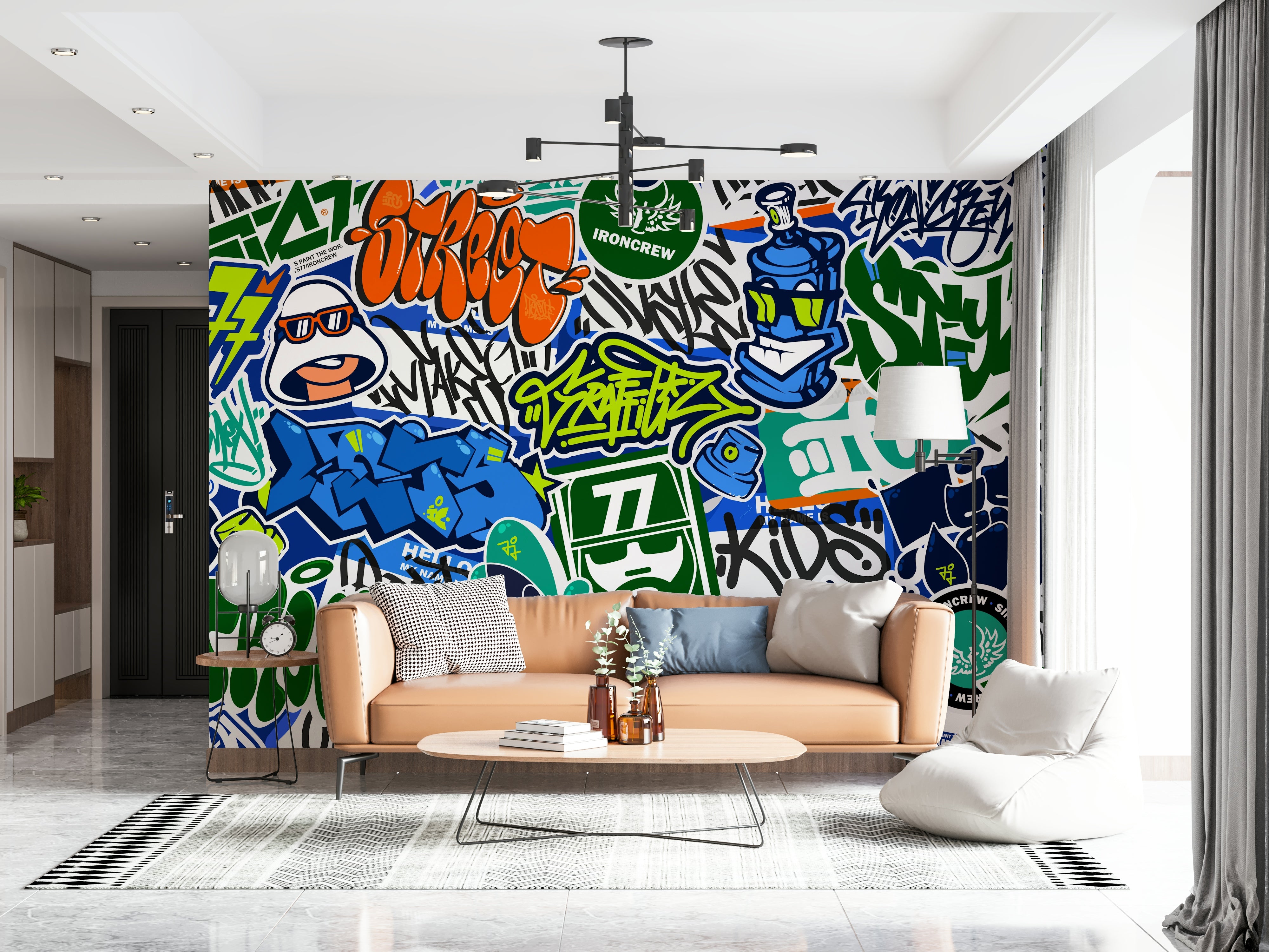 The image shows a full wall covered in different tags, spray paint marks, and graphic stickers.

