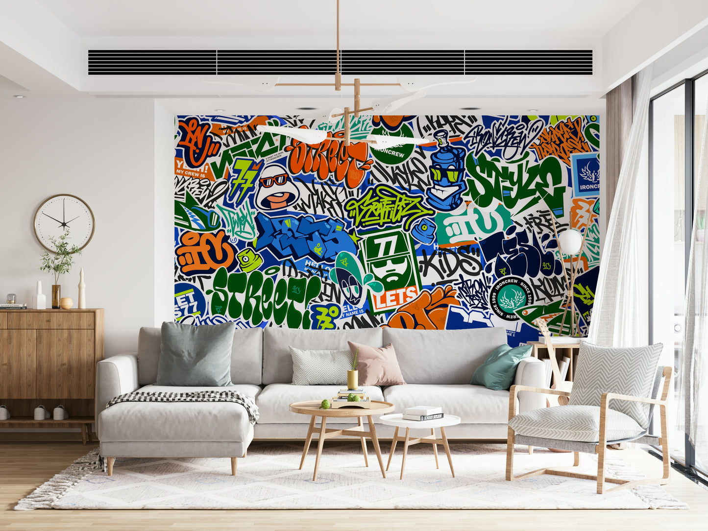 The mural is installed in a teen's bedroom behind a simple metal bed frame.

