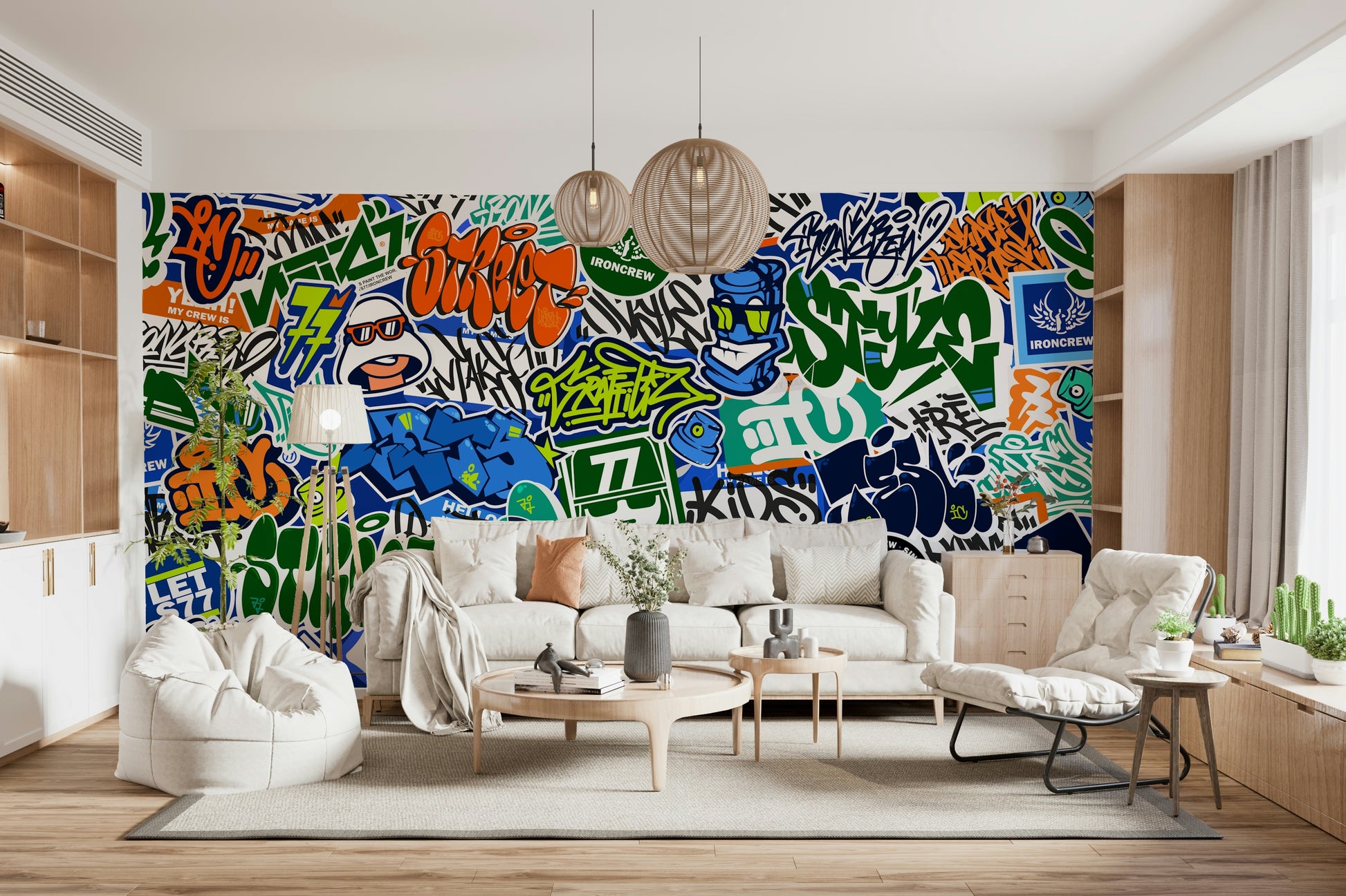 The mural extends across the entire wall, creating a dynamic backdrop.

