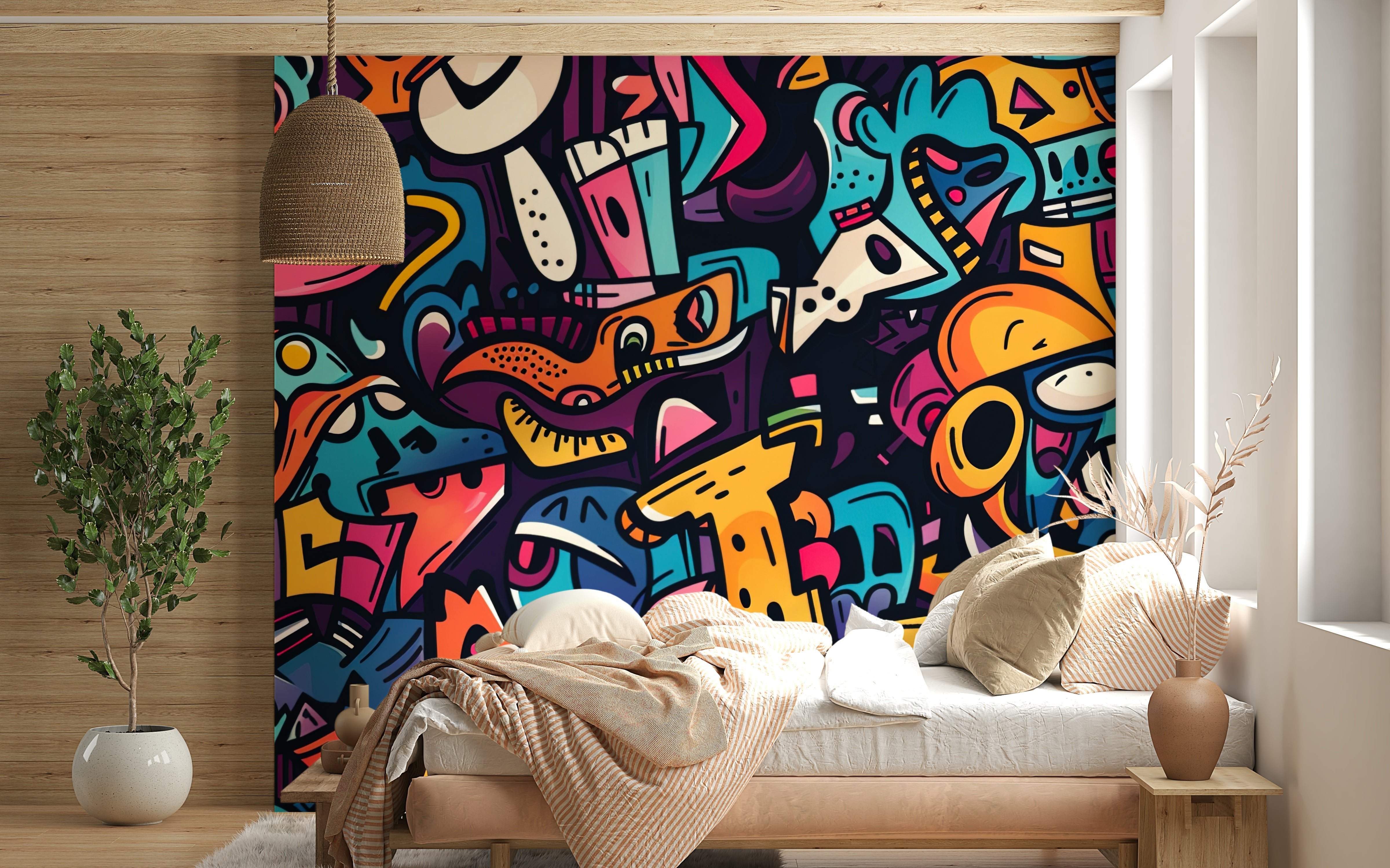 The image shows a dynamic collage of bright colors and geometric shapes.


