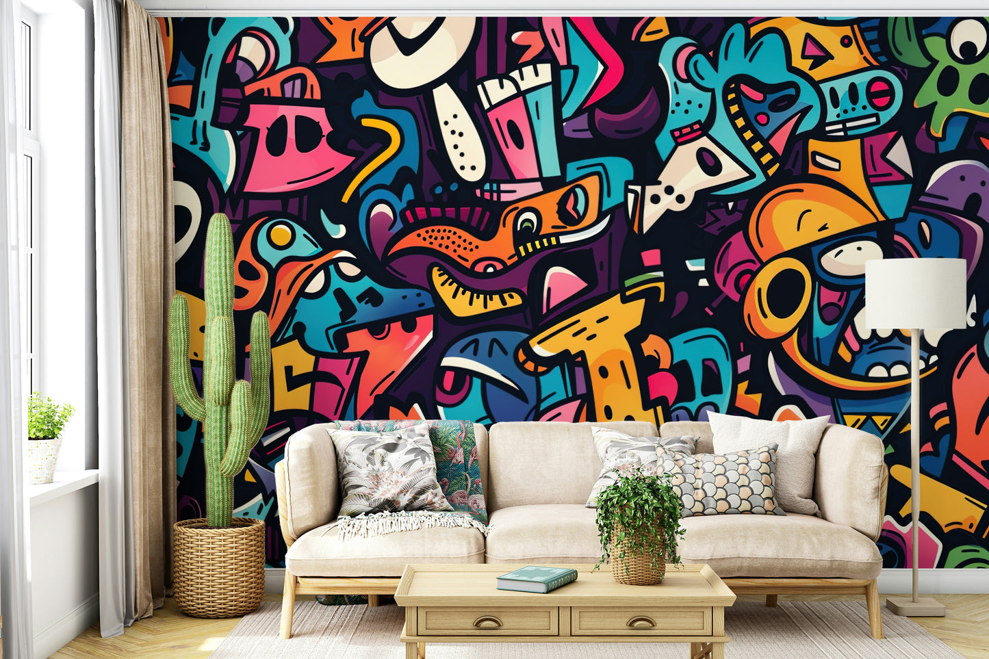 The style is modern and lively, making the space feel energetic.

