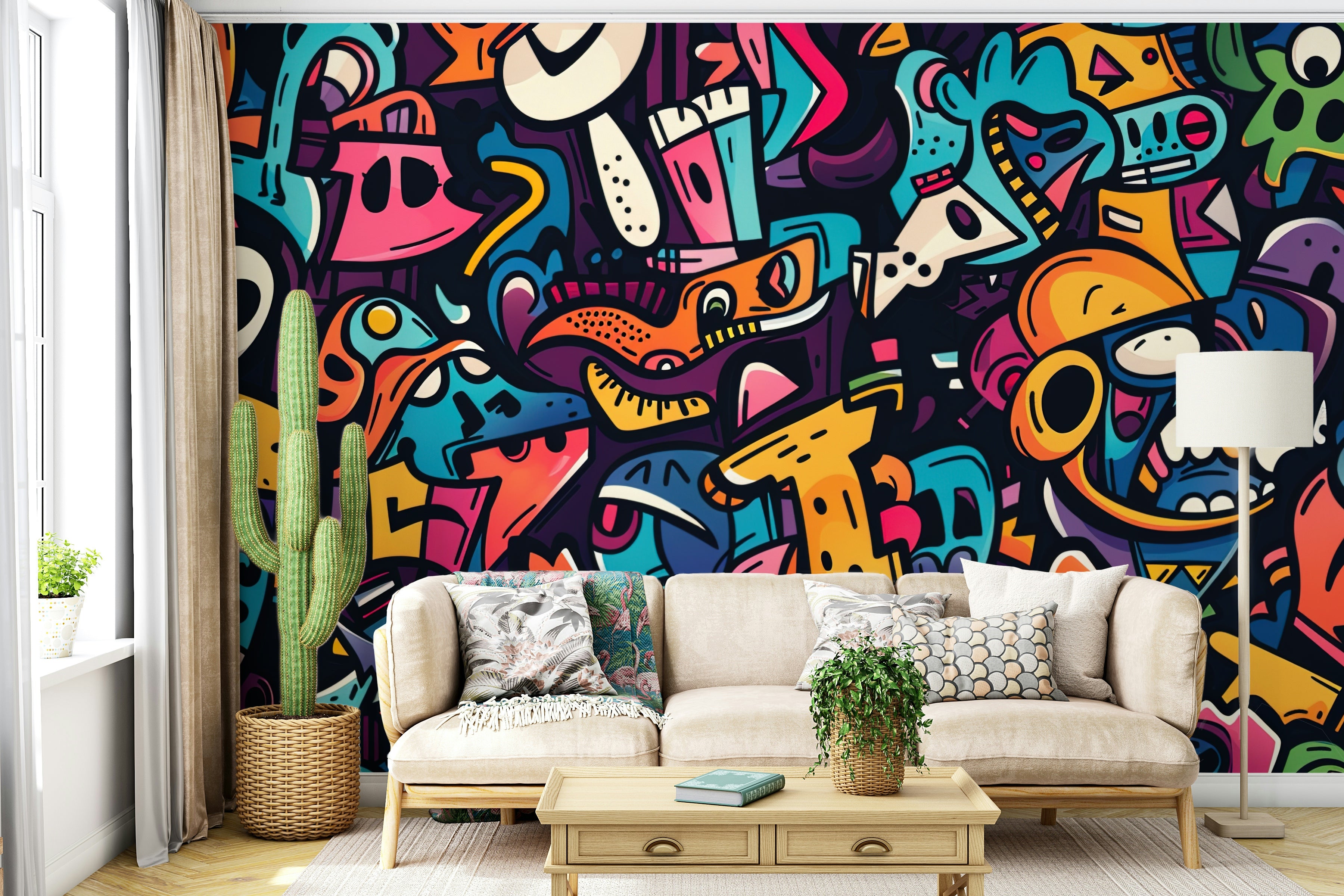 The style is modern and lively, making the space feel energetic.

