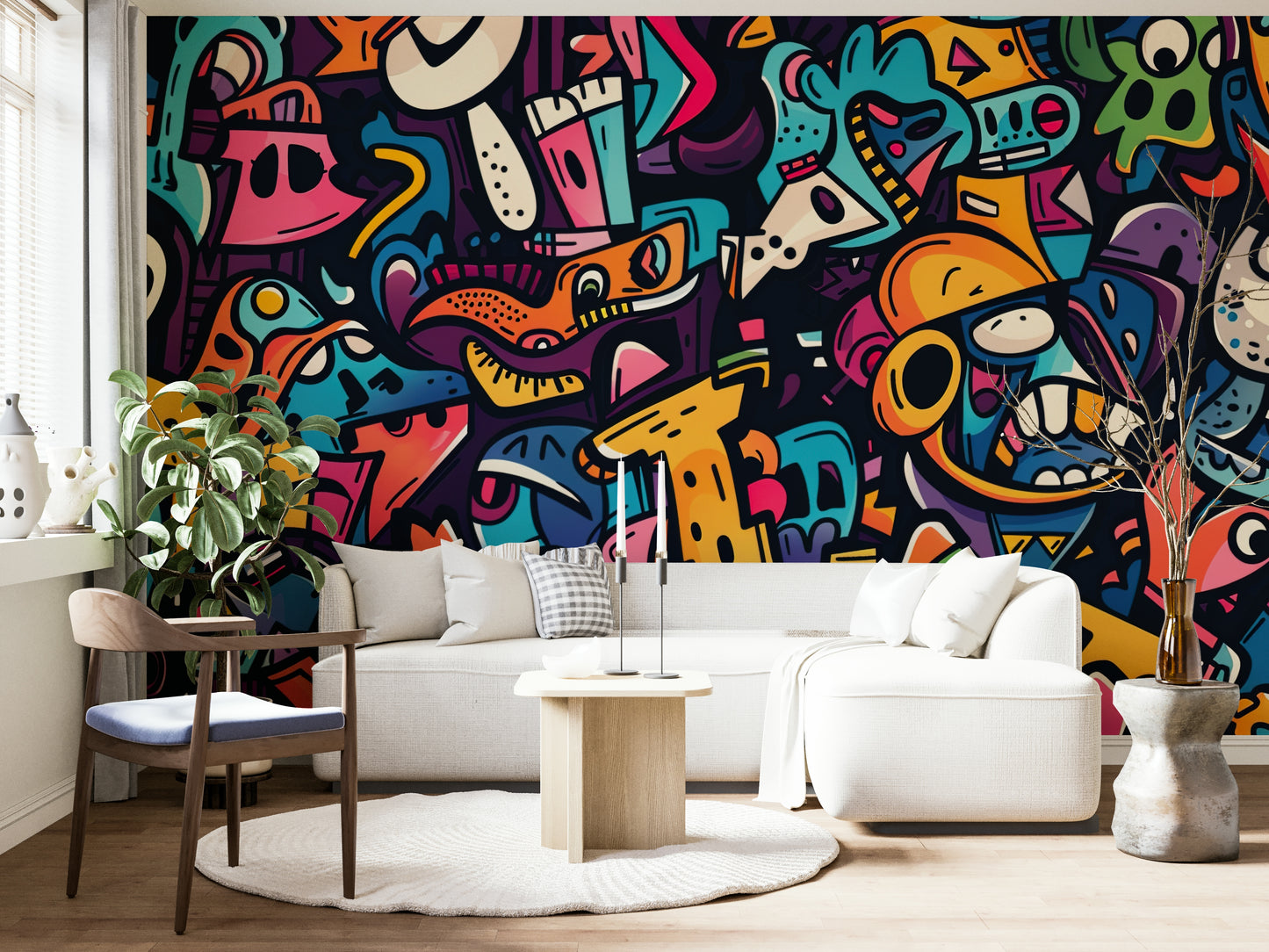 The colors are vibrant and varied, including electric blue, hot pink, orange, and black.

