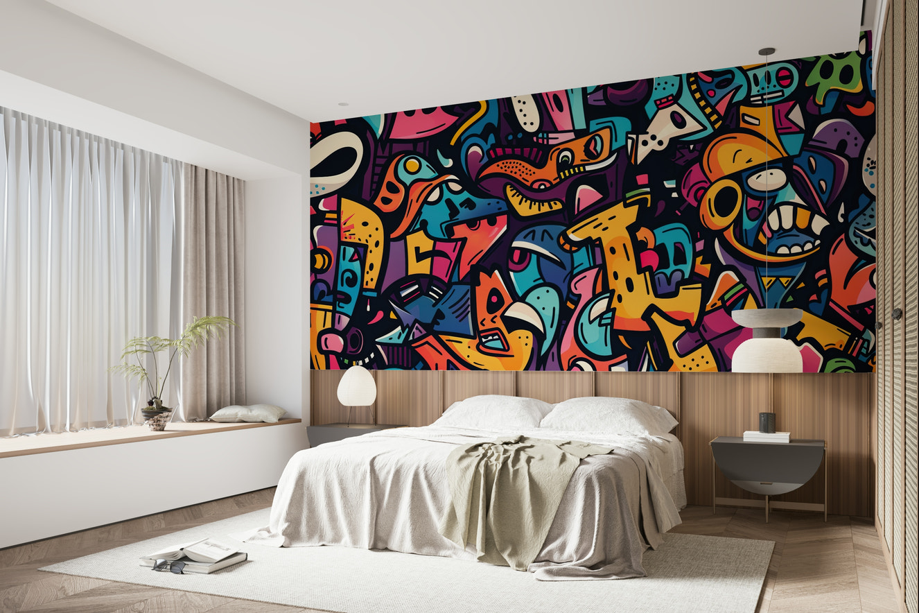 A wall mural featuring a bold, abstract design inspired by urban street art.

