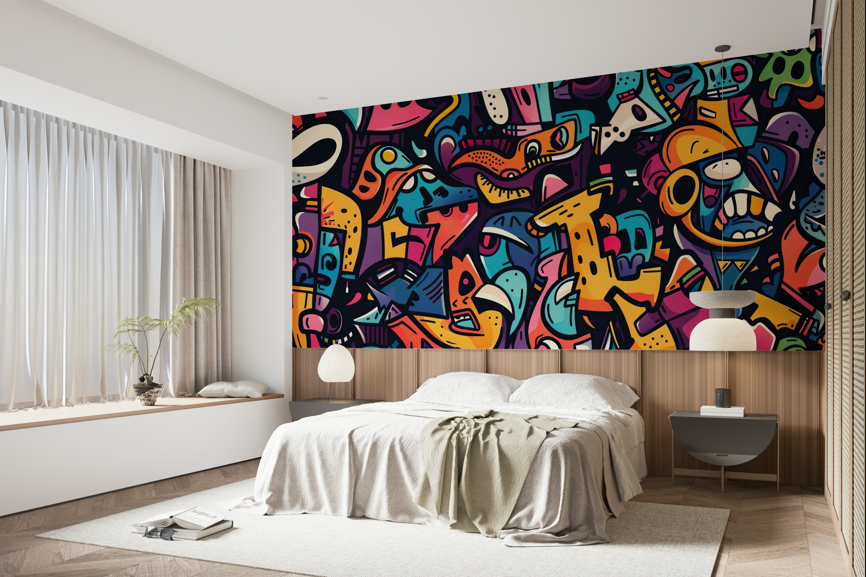 A wall mural featuring a bold, abstract design inspired by urban street art.


