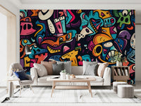 The design has elements that resemble spray paint drips and sharp lines.

