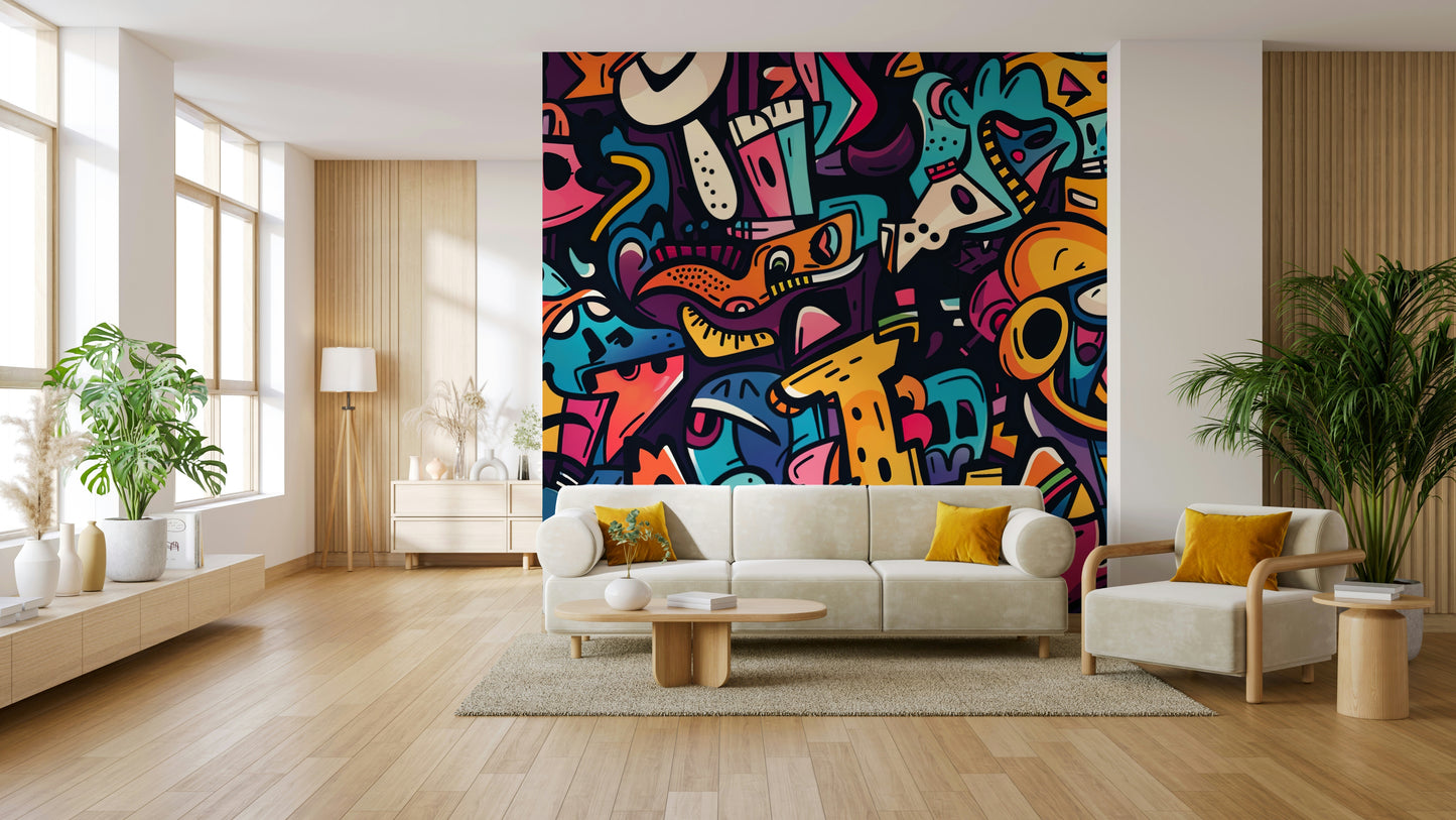 The room's lighting makes the colors of the mural look very bright and expressive.


