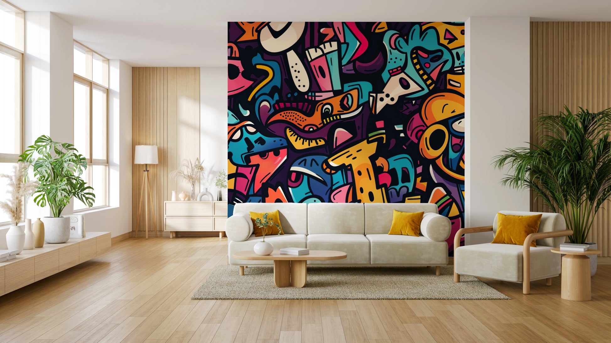 The room's lighting makes the colors of the mural look very bright and expressive.

