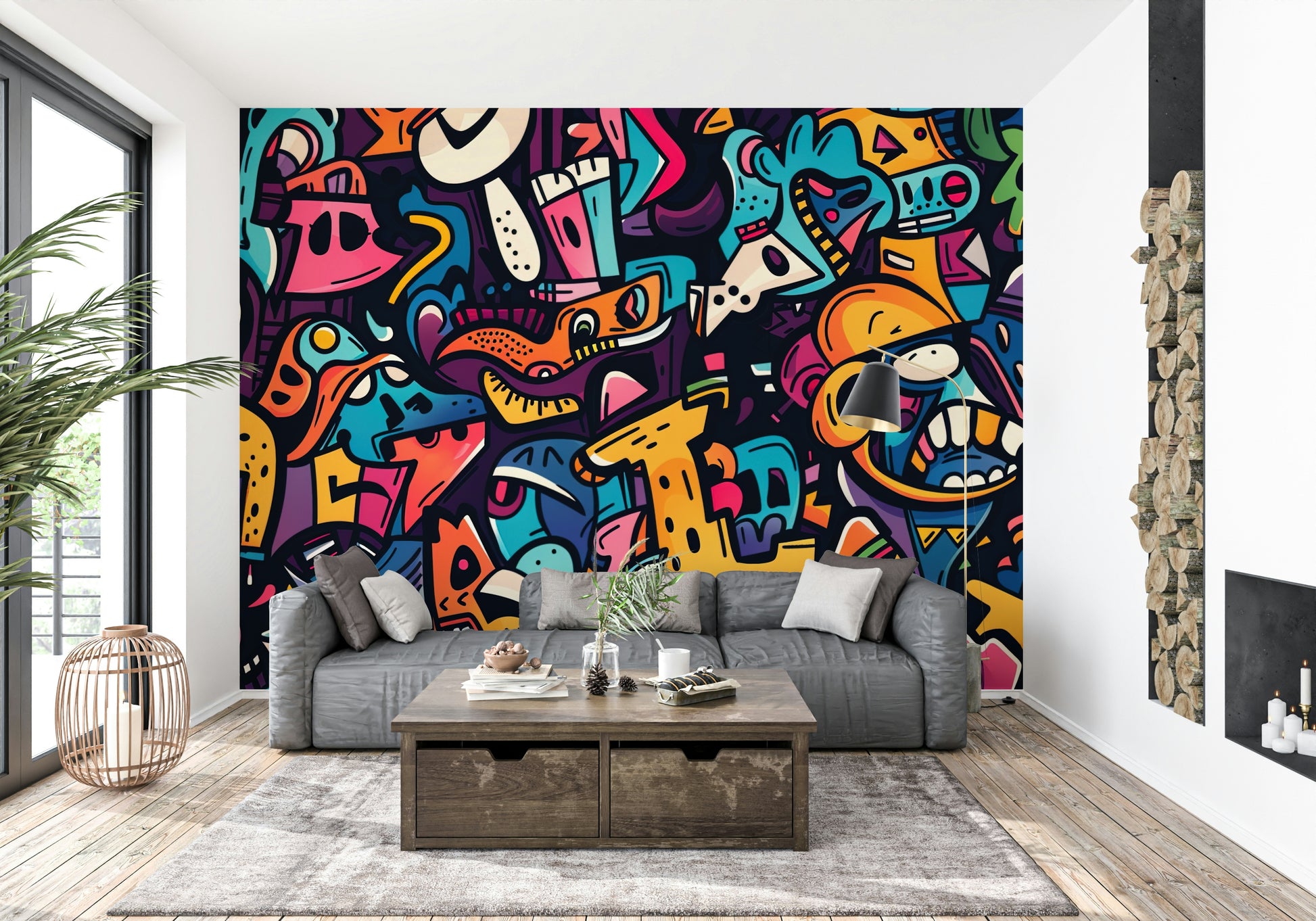 The mural is installed in a modern living room behind a dark, leather couch.

