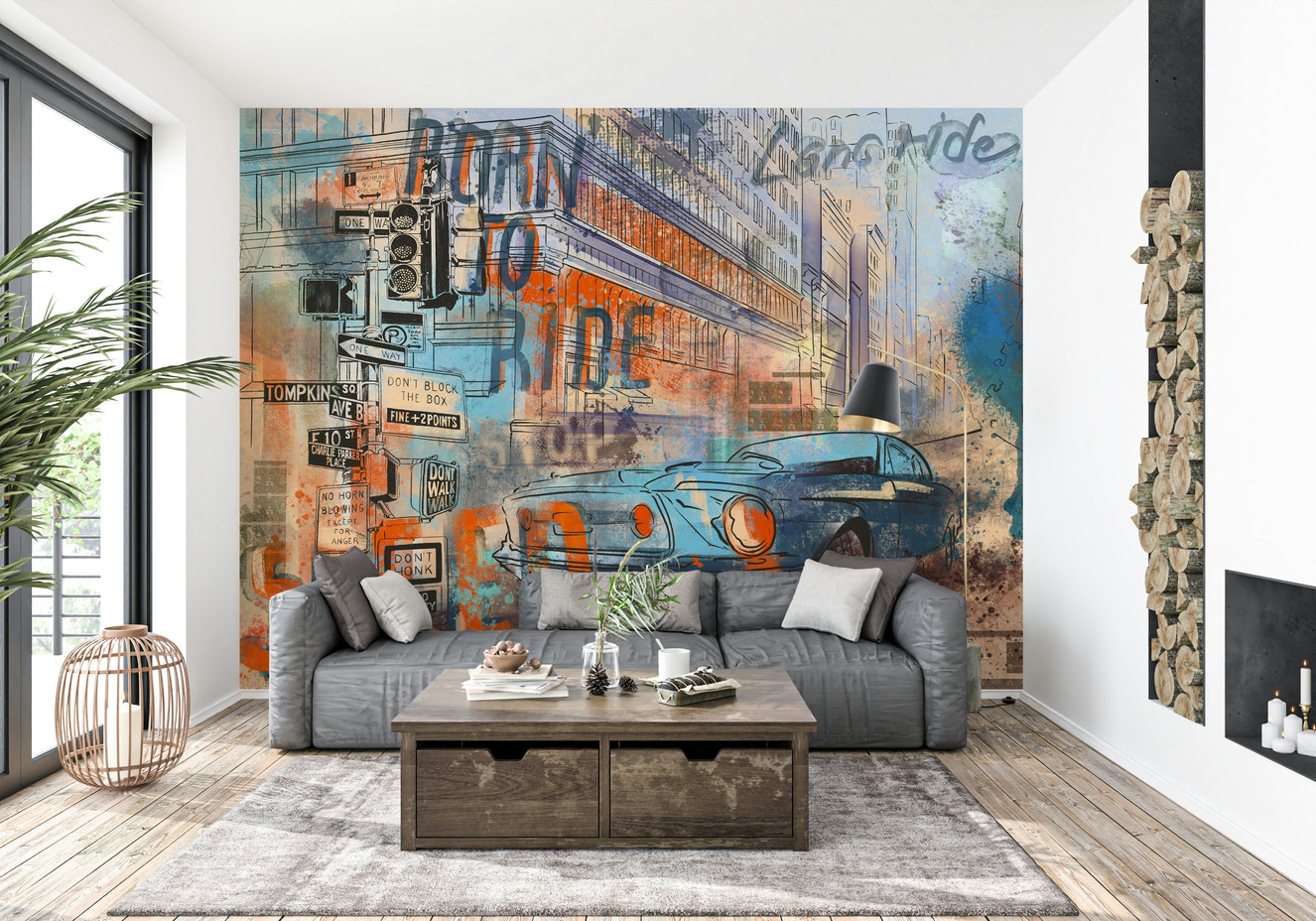 A wall mural featuring a simple, peaceful view from the side of a long road.

