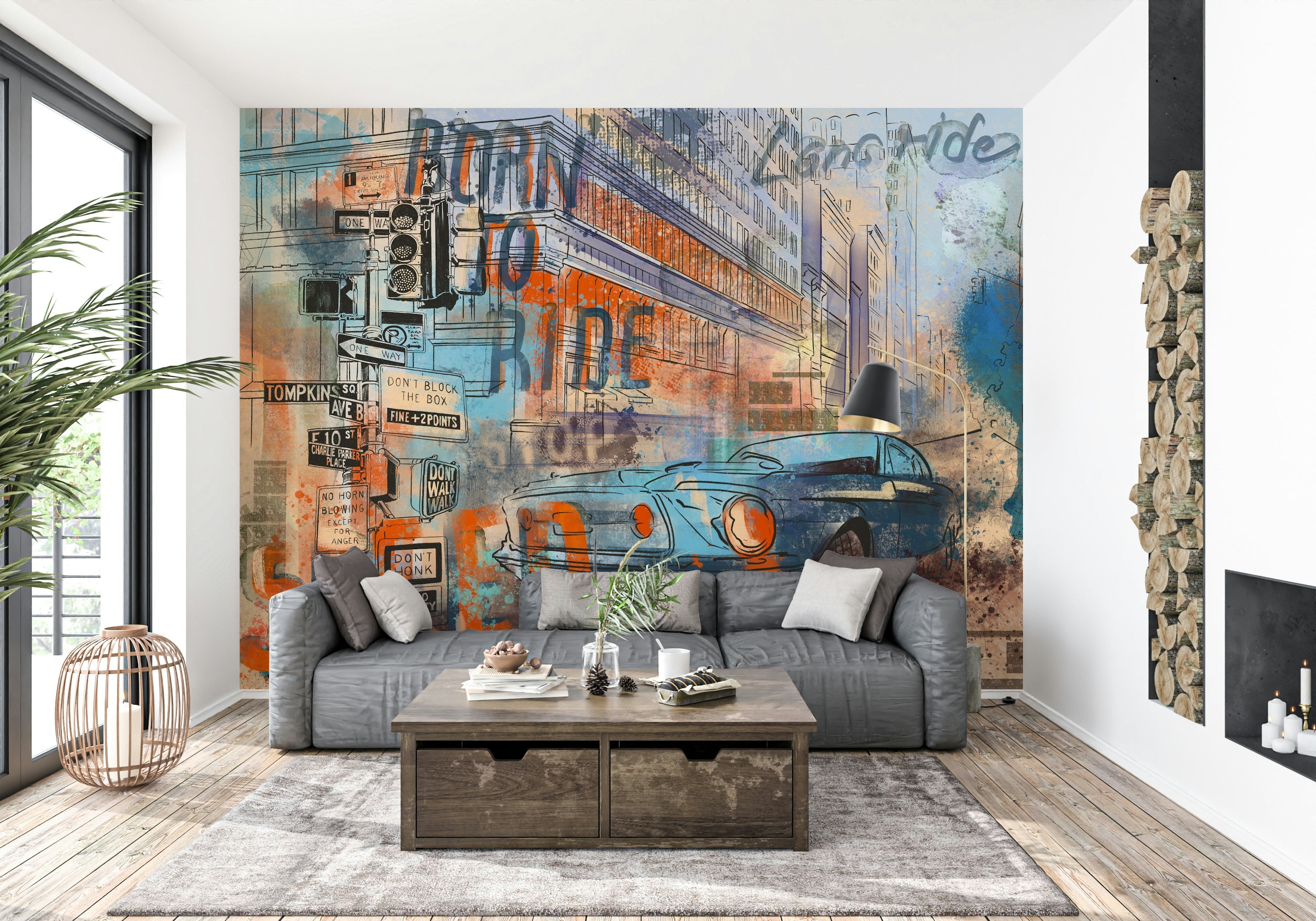 A wall mural featuring a simple, peaceful view from the side of a long road.


