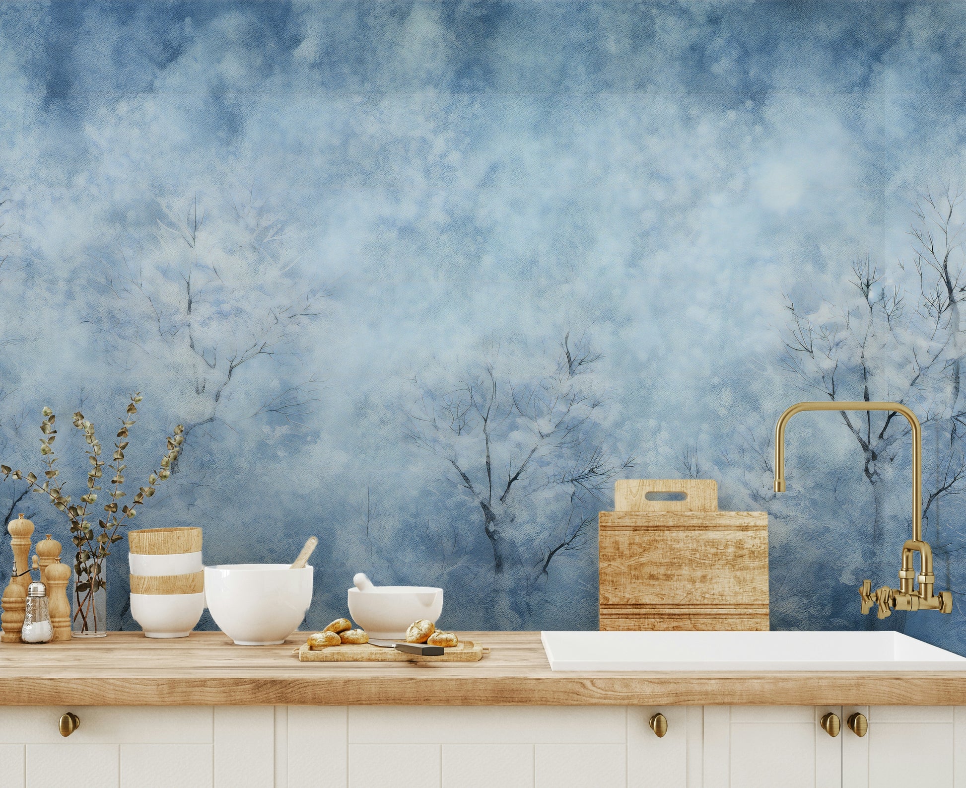 The image shows a quiet woodland scene with a slightly misty or hazy feel.

