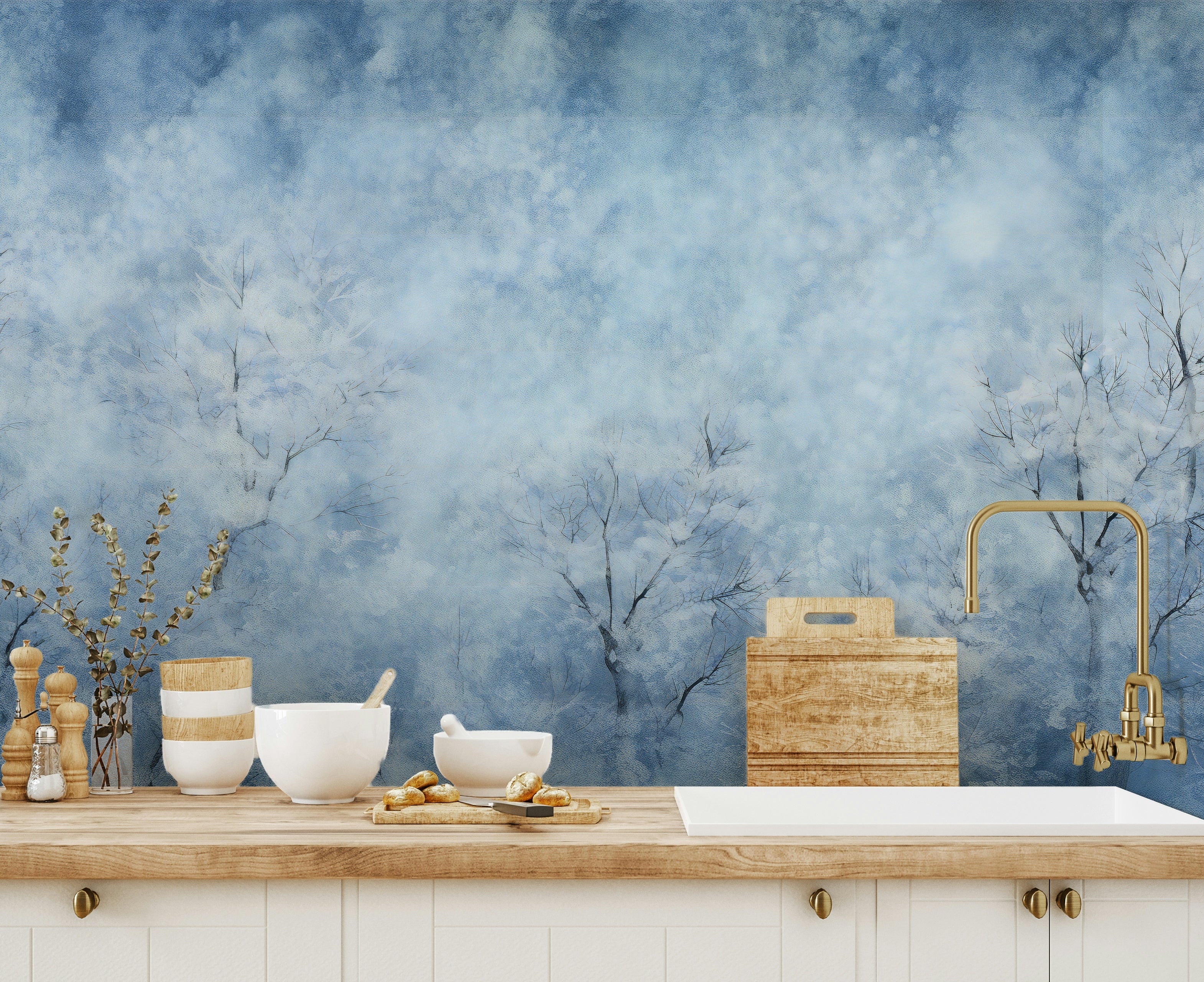 The image shows a quiet woodland scene with a slightly misty or hazy feel.

