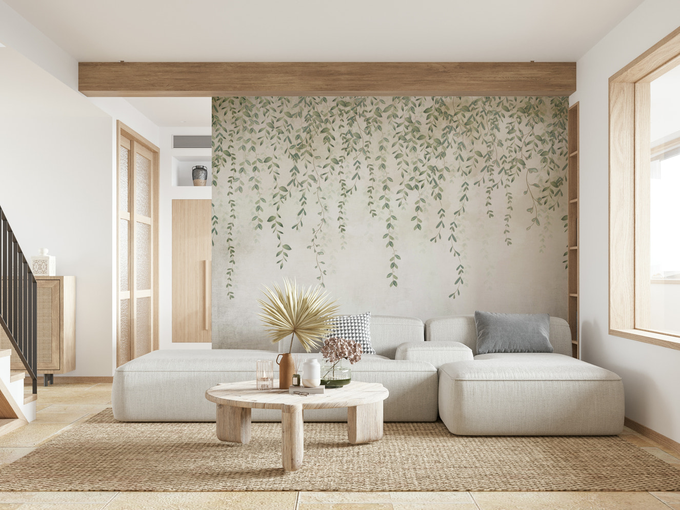 A wall mural featuring a large, graceful willow tree with long, drooping branches.