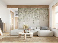 A wall mural featuring a large, graceful willow tree with long, drooping branches.

