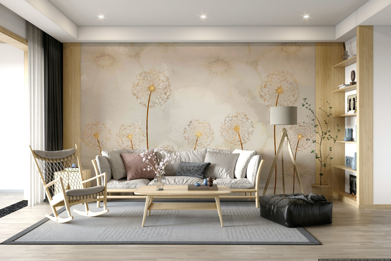 A wall mural featuring a delicate, abstract design in gold.

