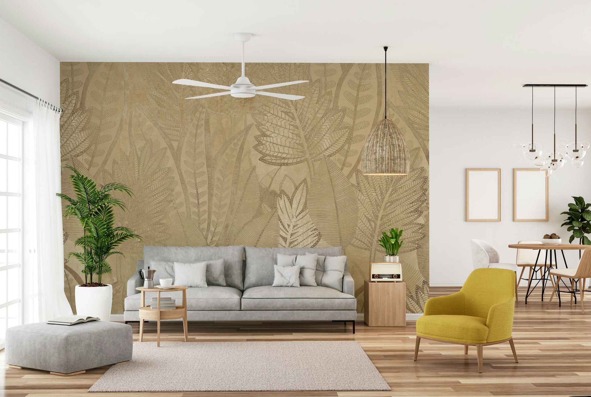 The design shows a pattern of metallic-looking leaves and branches on a dark background.

