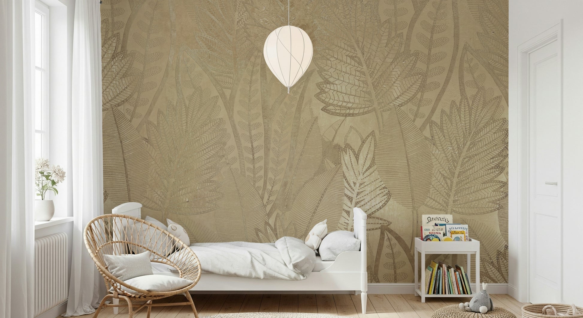The mural is installed in a formal dining room behind a dark wood sideboard.


