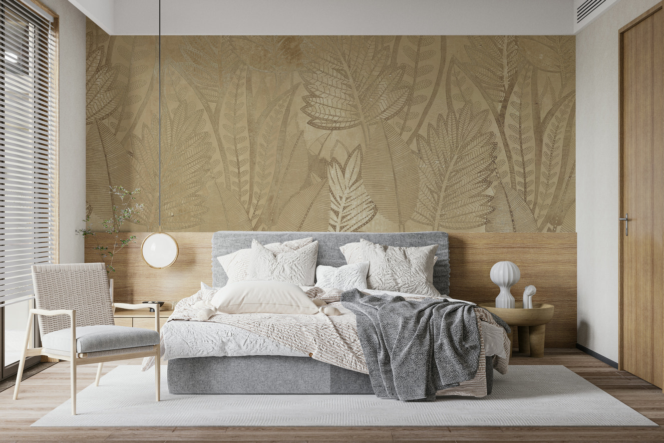 A full-view image of a wall mural featuring golden foliage.