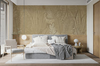 A full-view image of a wall mural featuring golden foliage.

