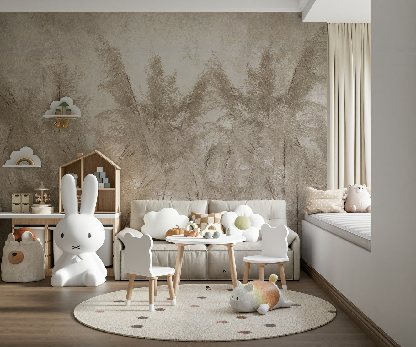 A wall mural featuring a vast, serene field of tall grass.


