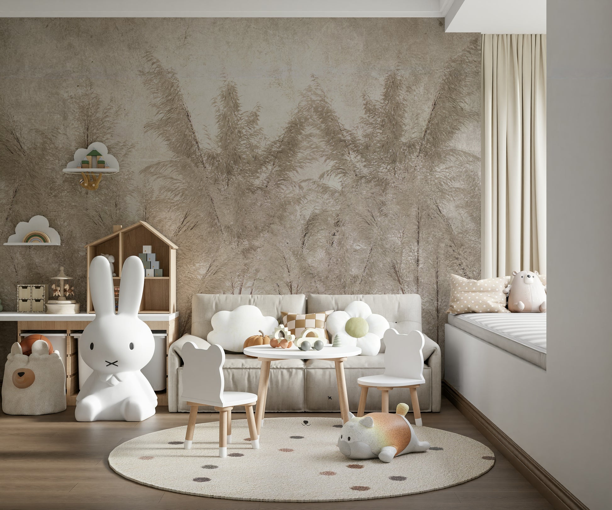 A wall mural featuring a vast, serene field of tall grass.

