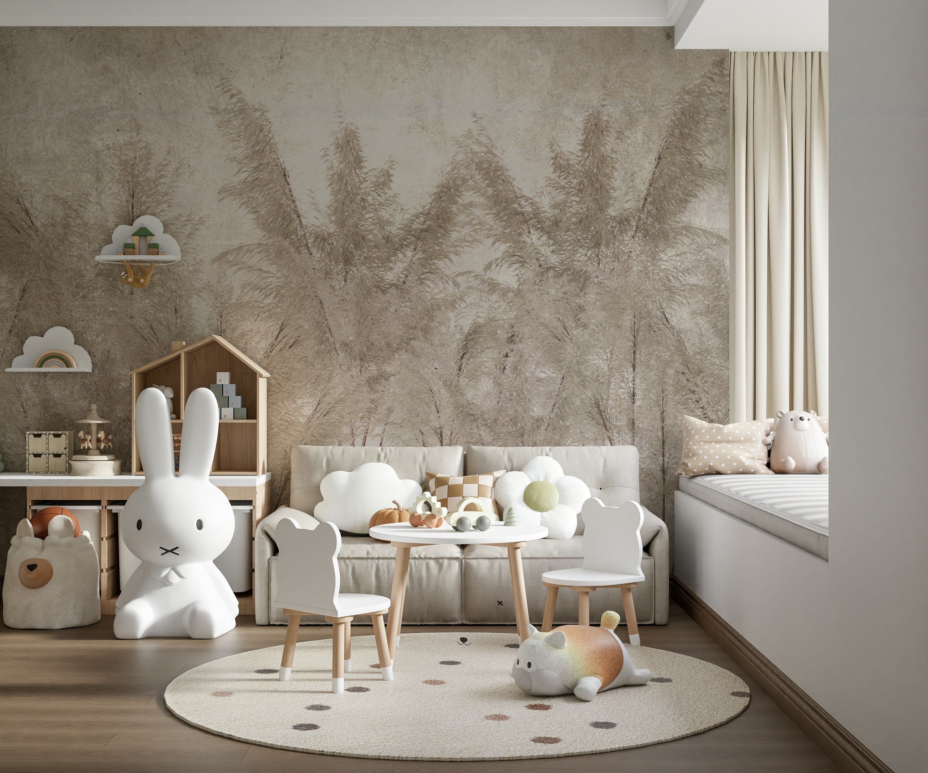 A wall mural featuring a vast, serene field of tall grass.

