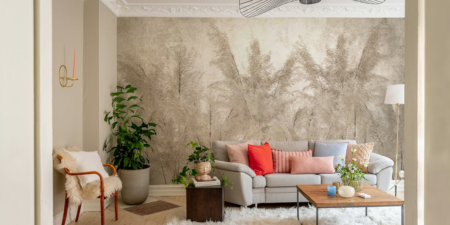 The mural is installed in a calm living room behind a light gray sofa.

