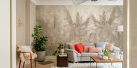 The mural is installed in a calm living room behind a light gray sofa.

