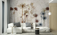 A wall mural featuring a vast meadow of delicate wildflowers.

