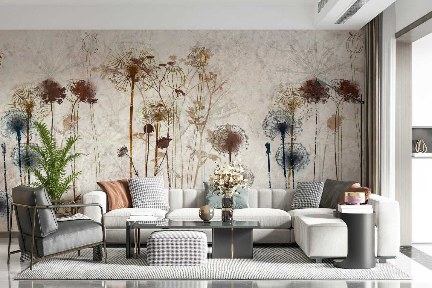 The mural extends from floor to ceiling, making the room feel more spacious.

