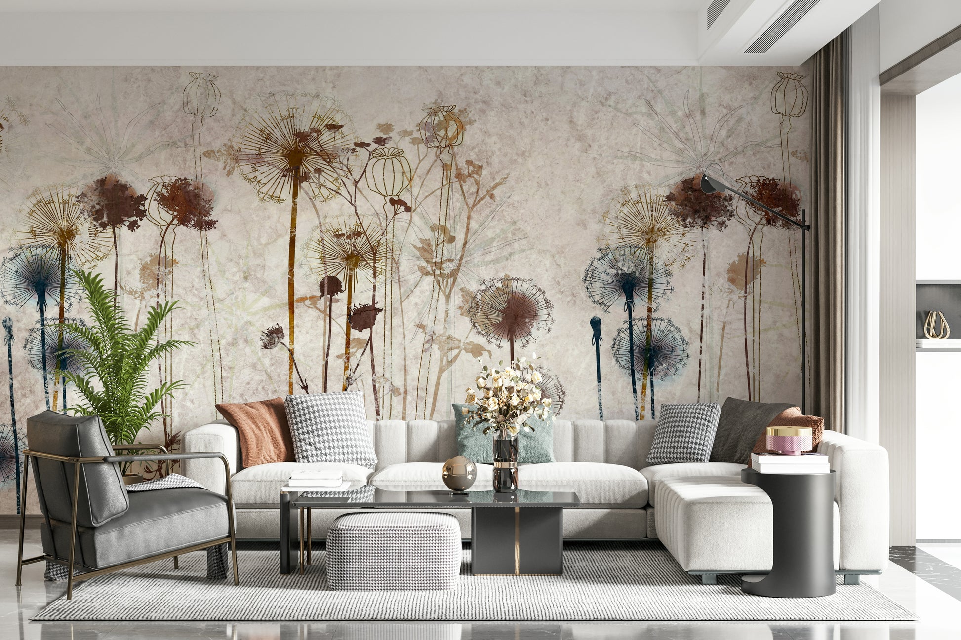 The mural extends from floor to ceiling, making the room feel more spacious.

