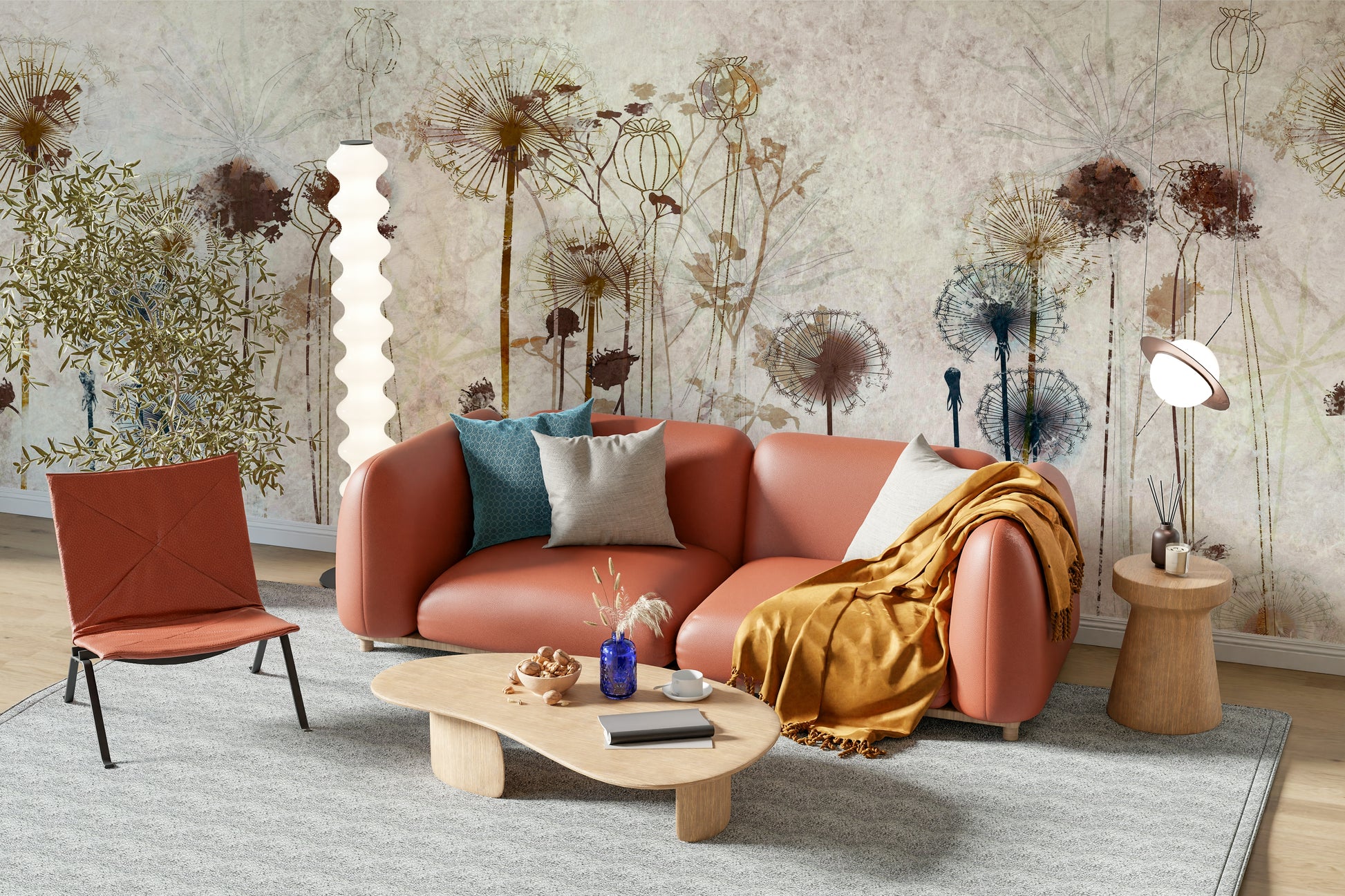 The mural is installed in a dining room behind a simple wooden table.

