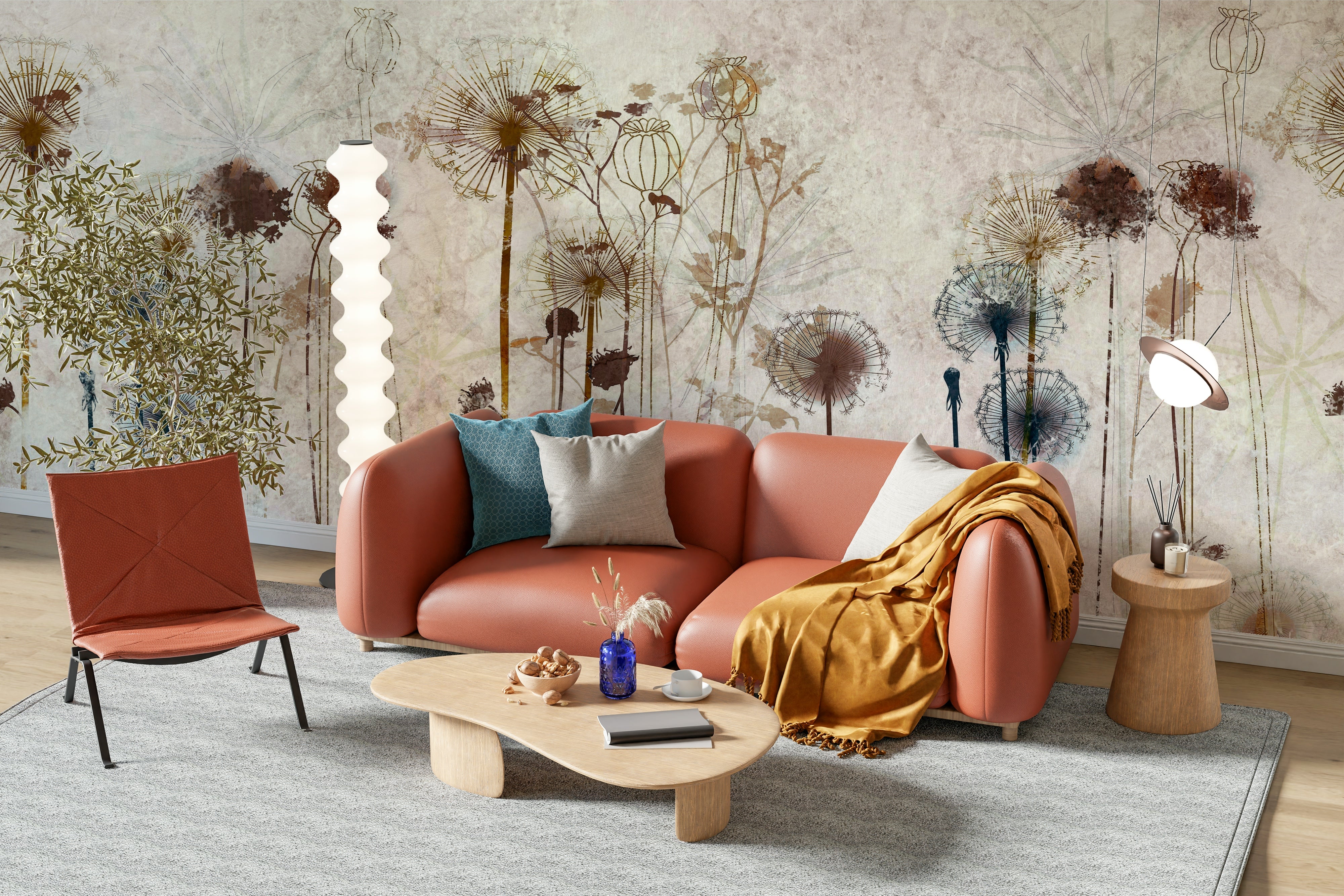 The mural is installed in a dining room behind a simple wooden table.

