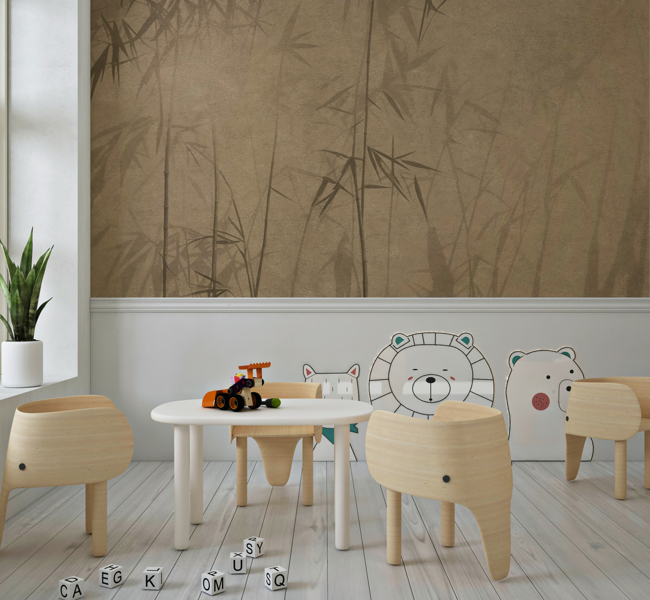 The image shows the bamboo stems from the ground up, reaching the top of the wall.

