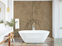 A wall mural featuring a dense forest of tall, green bamboo stalks.

