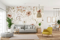 A full-view image of a wall mural featuring large, soft flowers.

