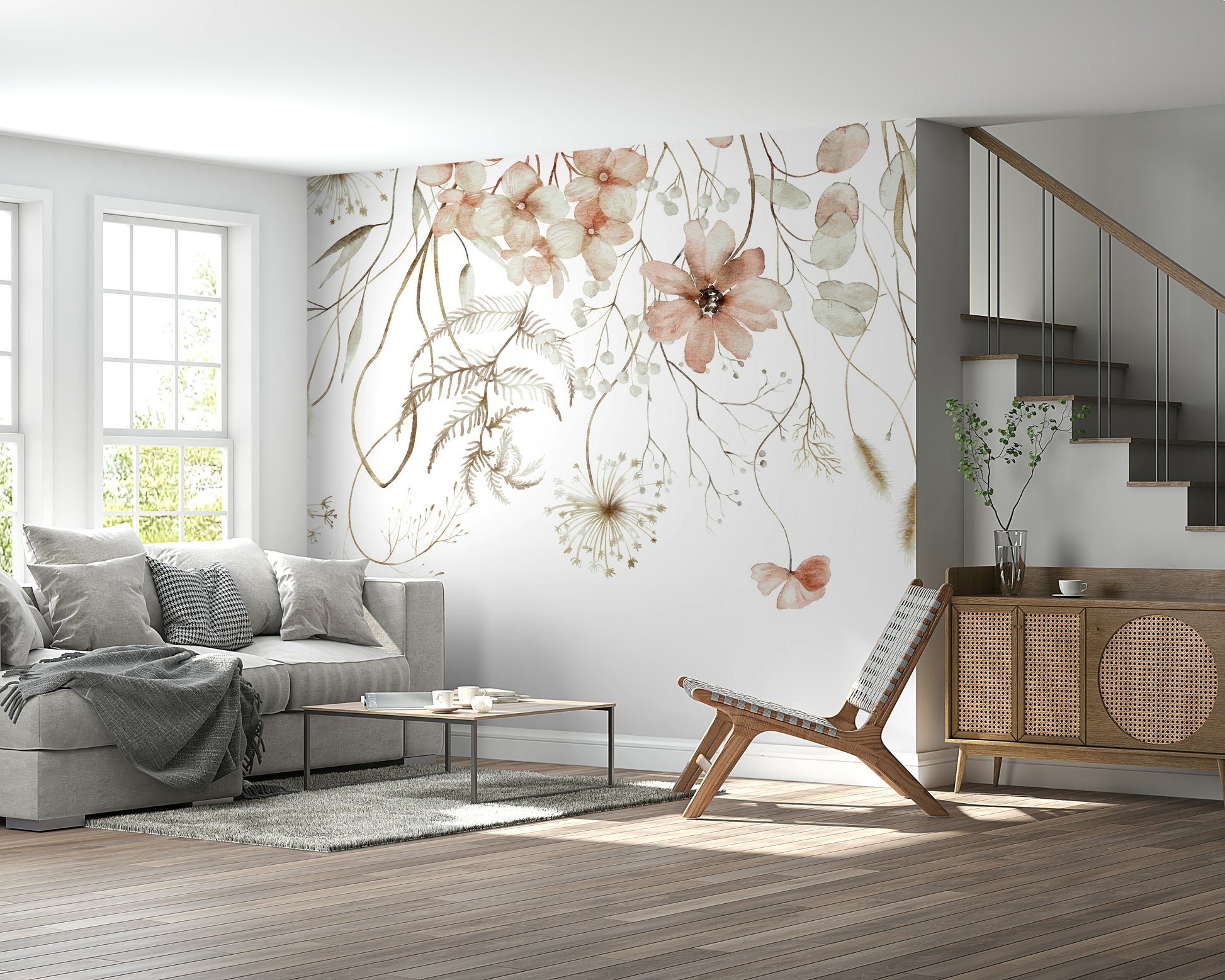 The mural shows a pattern of blossoms and petals gently flowing from top to bottom.

