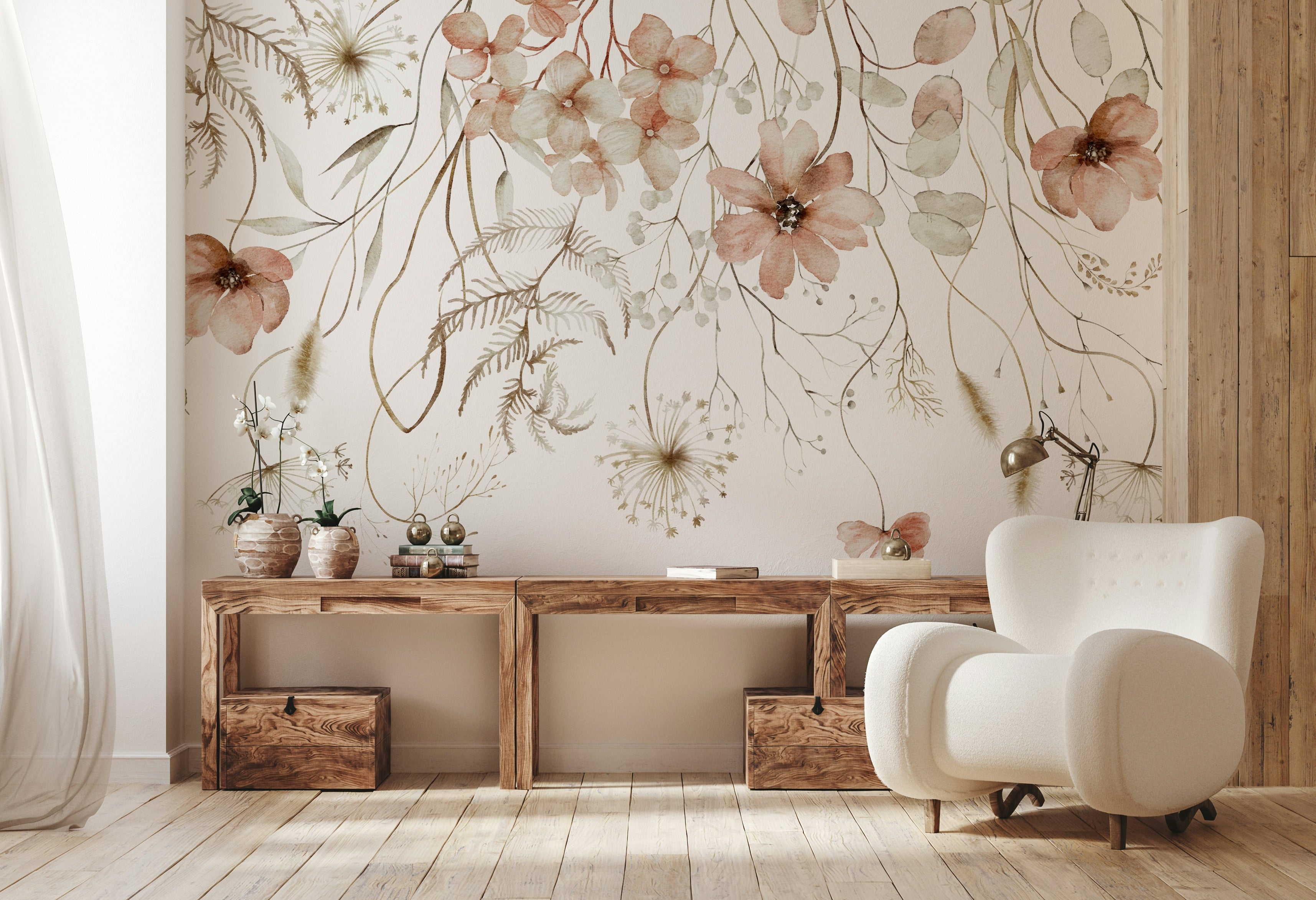 The mural is installed in a bedroom behind a simple white bed.


