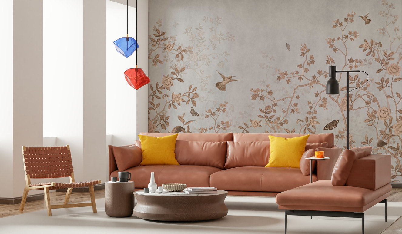 A wall mural of a peaceful floral pattern.

