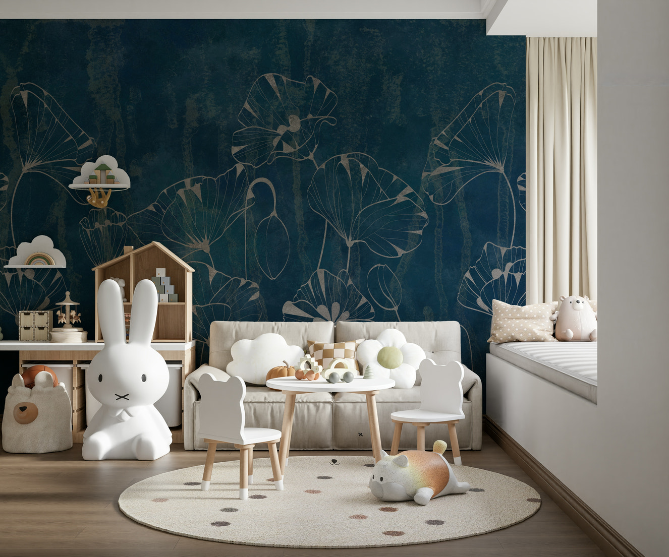 A wall mural with a dreamy floral design.

