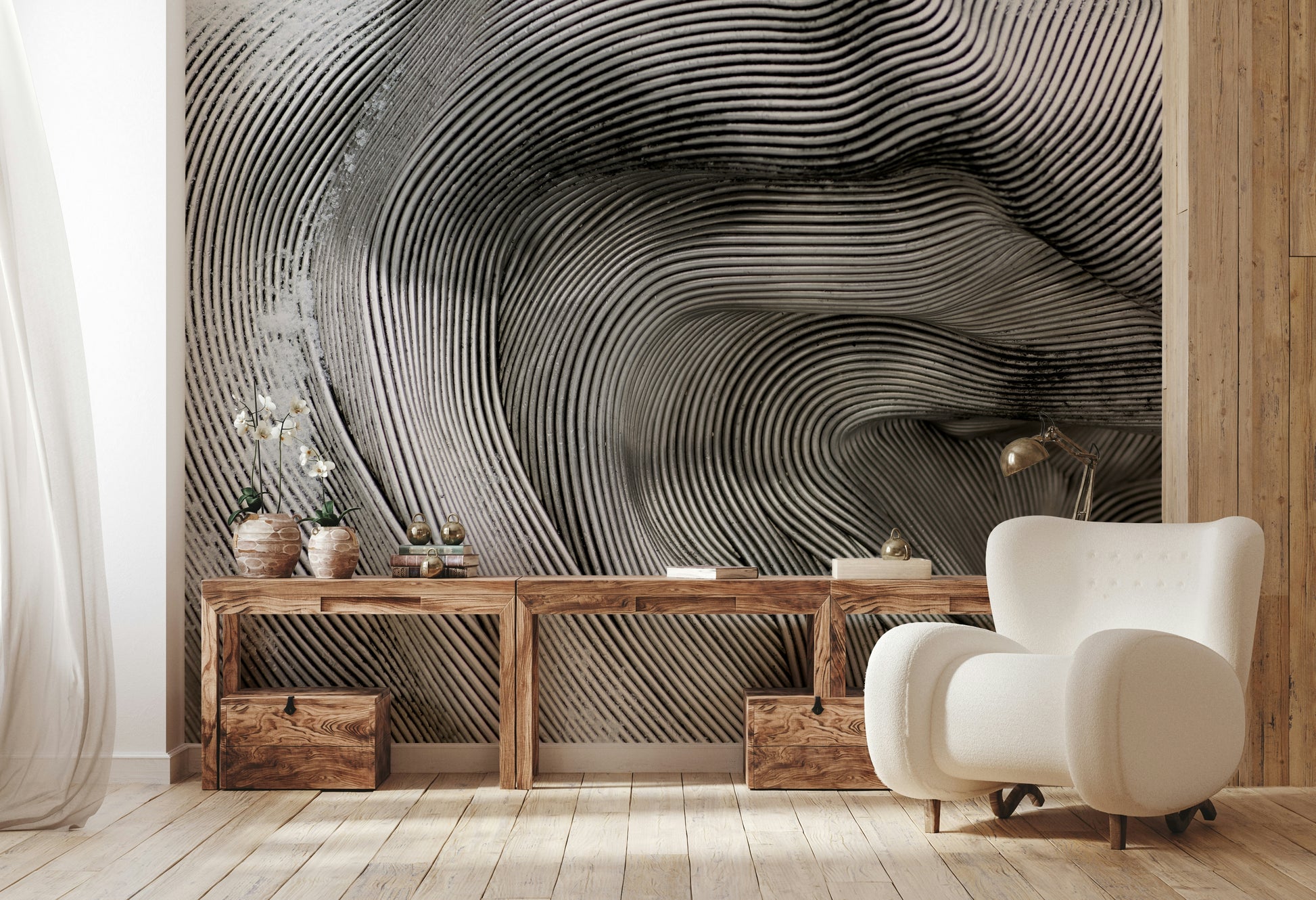 The colors are soft, muted tones of silver, grey, and white.

