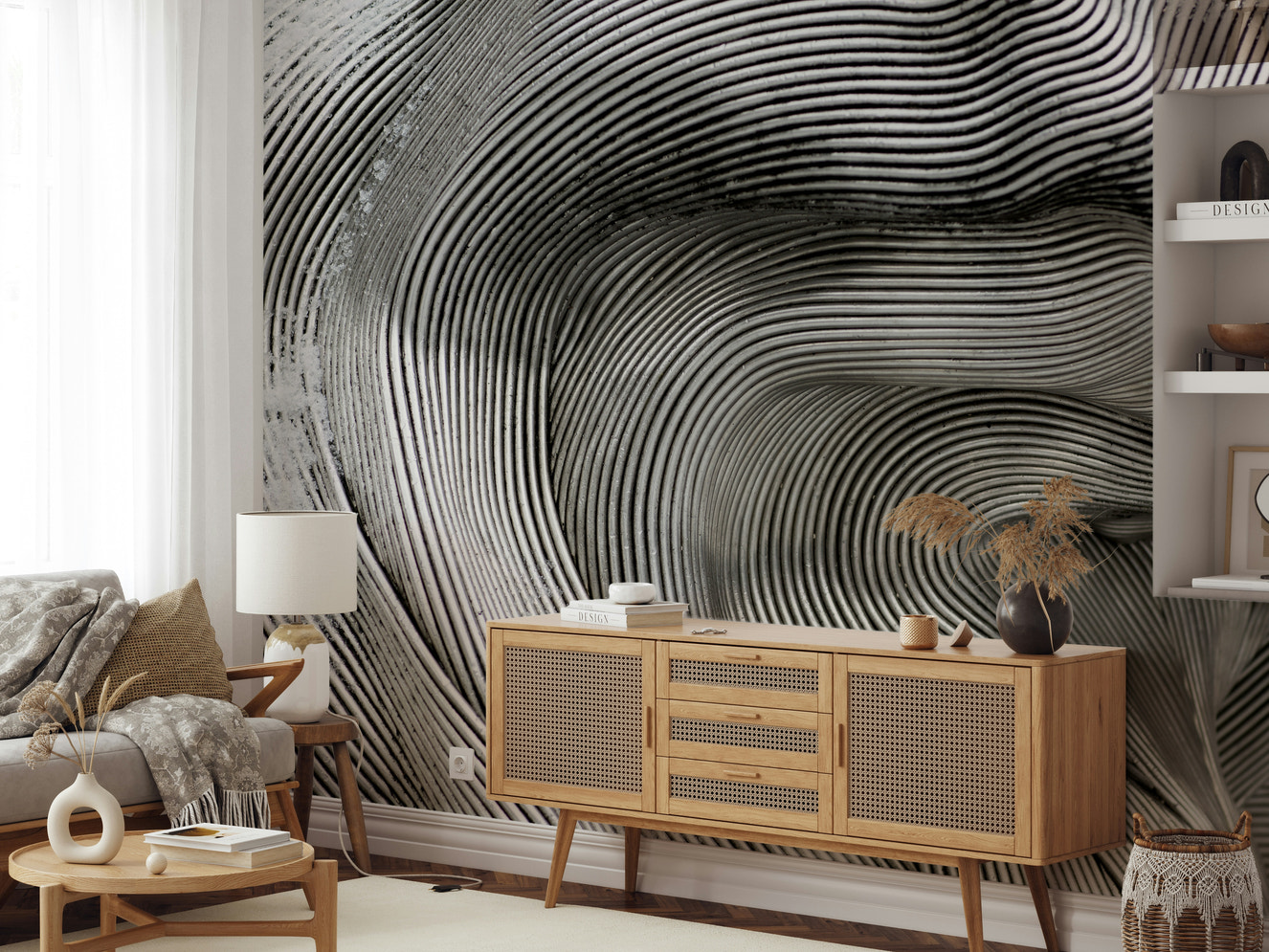 A wall mural of a peaceful cascade pattern.

