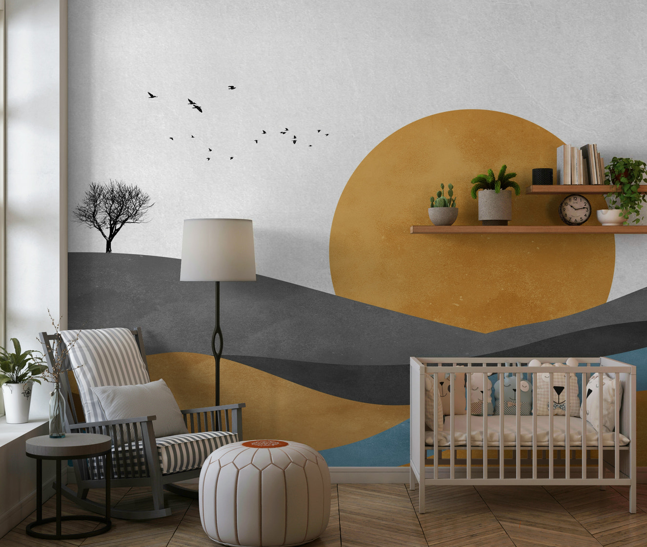 A wall mural of a peaceful celestial pattern.

