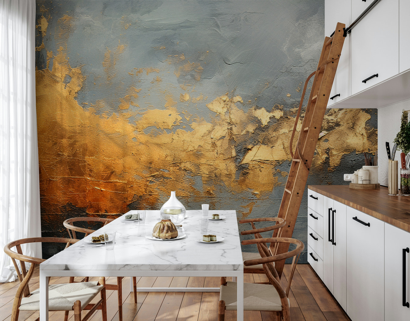 A wall mural of a peaceful gilded pattern.

